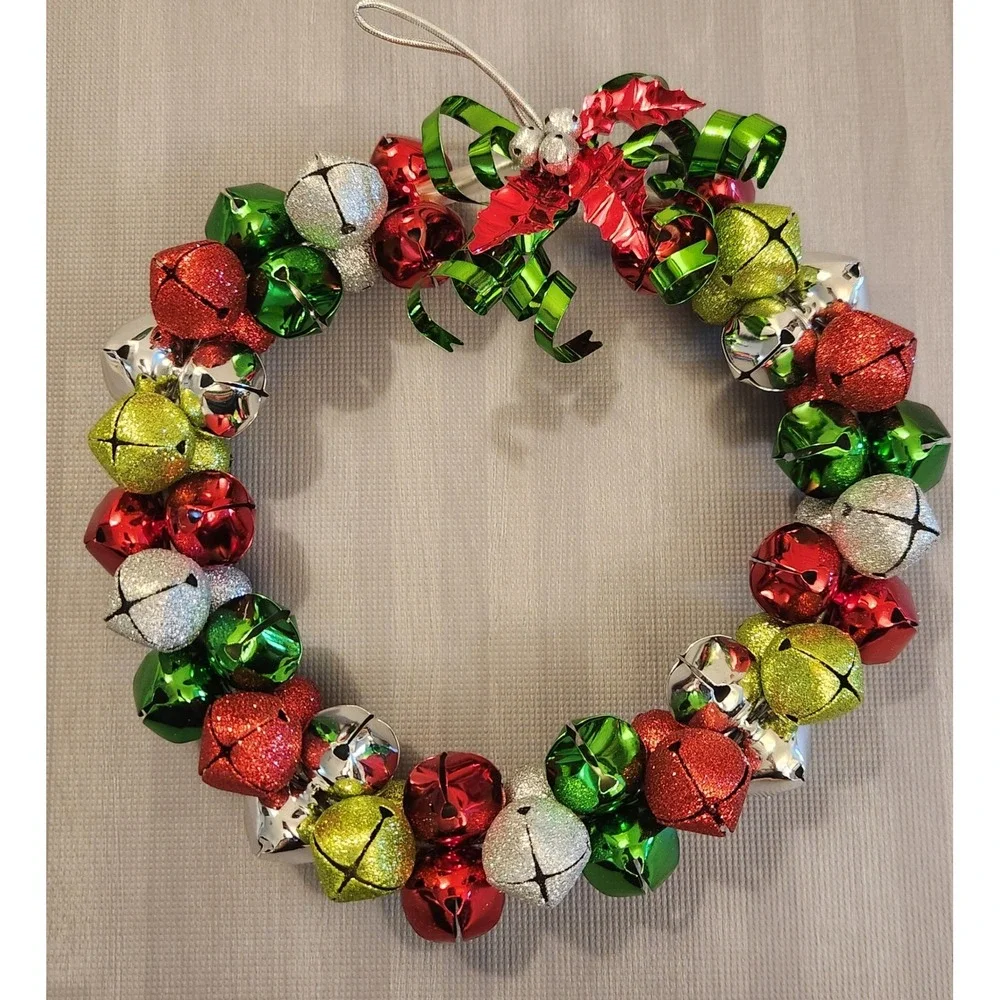 Christmas Jingle Bell Wreath Red Green Silver Glitter Holiday Decor 12 Inch